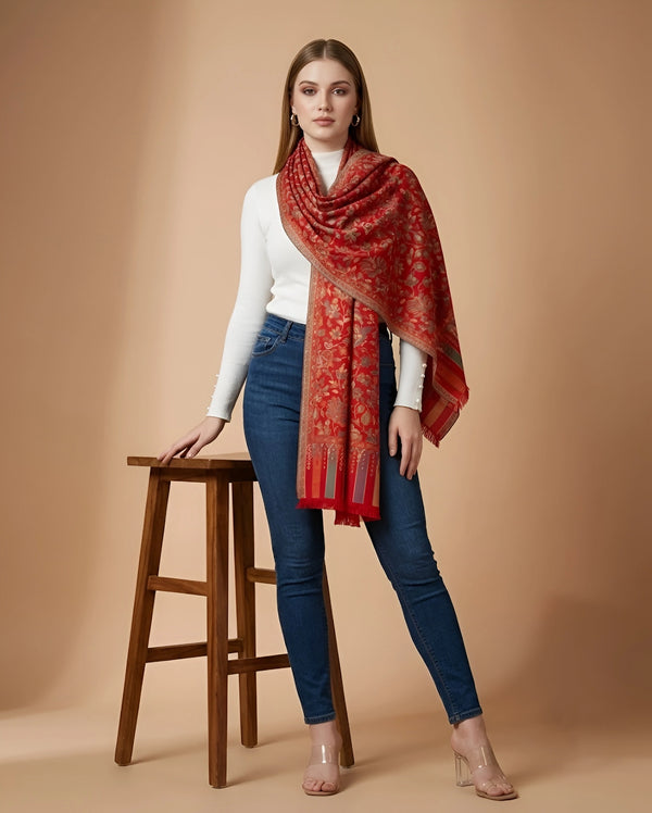 Regal Kani Weave All-Over Floral Jaal Wool Blend Red Stole | Kashmiri Inspired