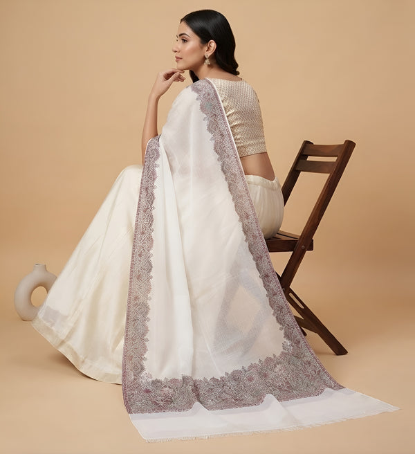 Naqsh-e-Kashmir Woven Kani Jacquard Border White Shawl | Wool Blend