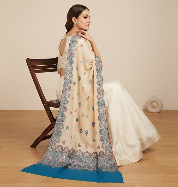 Naqsh-e-Kashmir Woven Kani Jacquard Blue Shawl with All-Over Buttis & Solid Panel