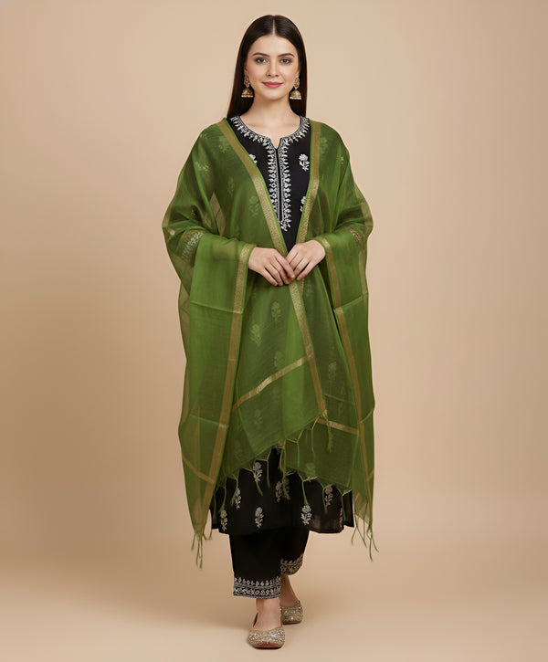 Green Monica Cotton Dupatta with Woven Motifs | Elegant Ethnic Drape (2.5 Metres Approx.)