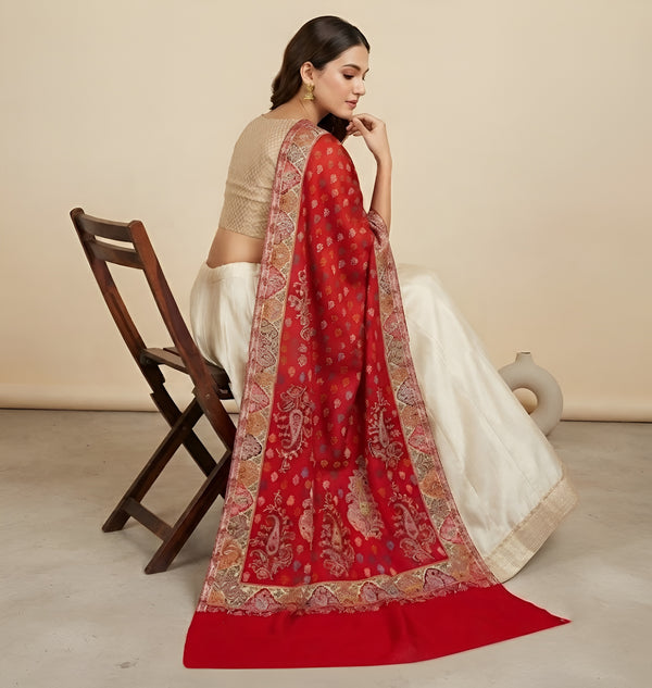Naqsh-e-Kashmir Kani Woven All-Over Paisley Jacquard Red Shawl