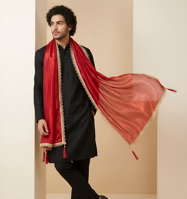 Fendi Mens Dupatta – Red Tone with Lace Border & Latkan Finish