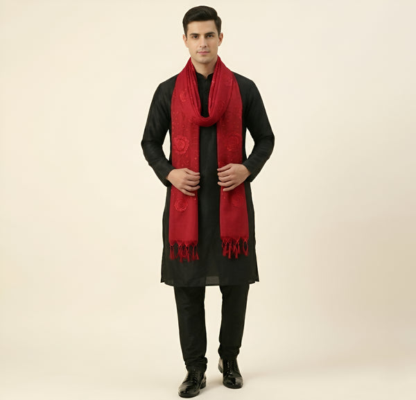Cotton Embroidered Mens Dupatta – Red Tone with Buta Work