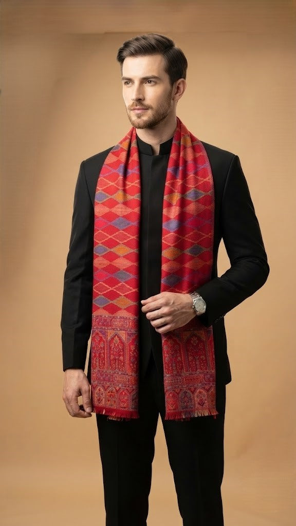 Reserve Mens Wool Blend Multicolor Geometric Diamond Jacquard Red Stole with Mughal Floral Border