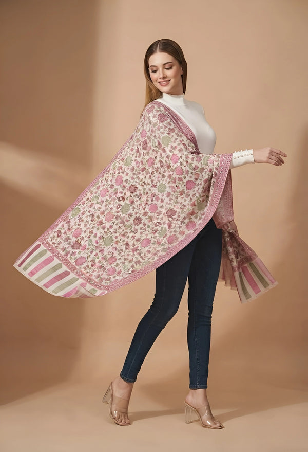Regal Kani Weave Floral Wool Blend White Stole | Kashmiri Inspired
