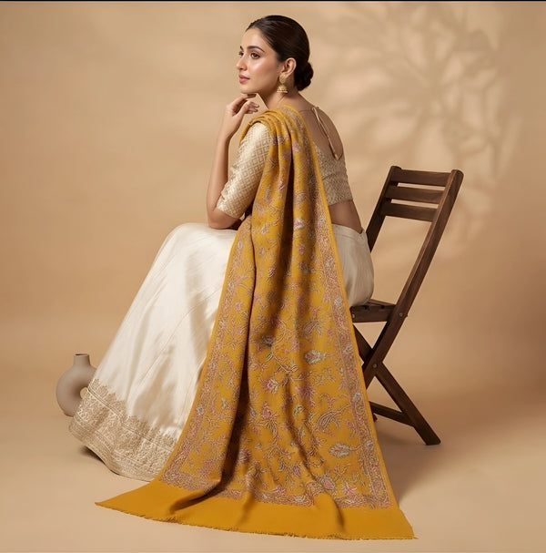 Naqsh-e-Kashmir Inspired Jamawar Floral Paisley Vine Wool Blend Yellow Shawl