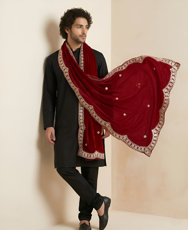 Red Twill Net Mens Dupatta – Scalloped Cutwork Border with Buti Work