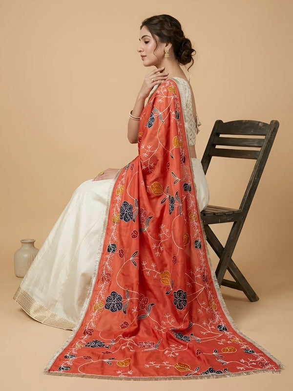 Luxe Cosmos Womens Orange Dupatta with Zari Brush Print & Lace Border