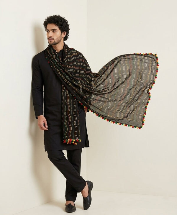 Black Nazneen Chiffon Mens Dupatta with Multicolor Stripes & Pom Pom