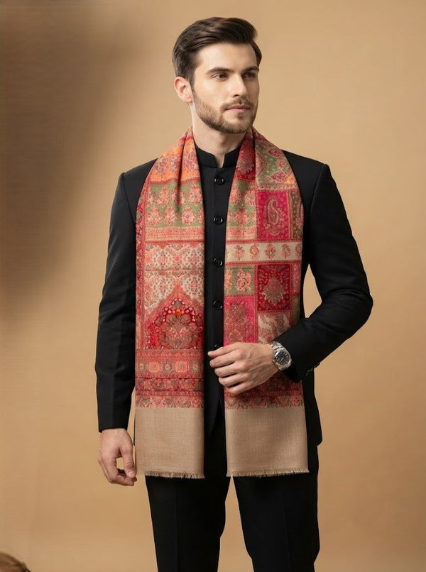 Noble Mens Patchwork Kani Jacquard Woven Beige Stole