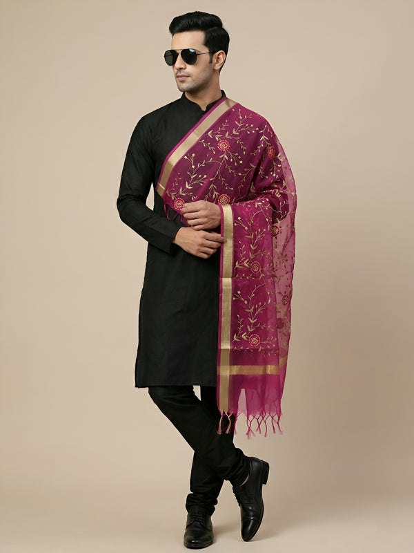 Organza Meena Jaal Mens Dupatta – Pink with Gold Woven Design