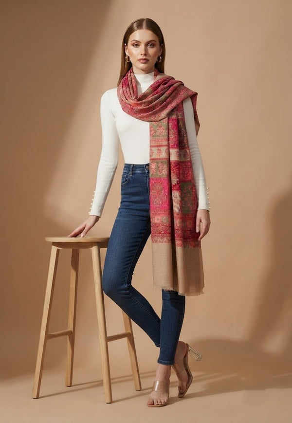 Regal Multicolor Patchwork Kani Jacquard Woven Wool Blend Beige Stole