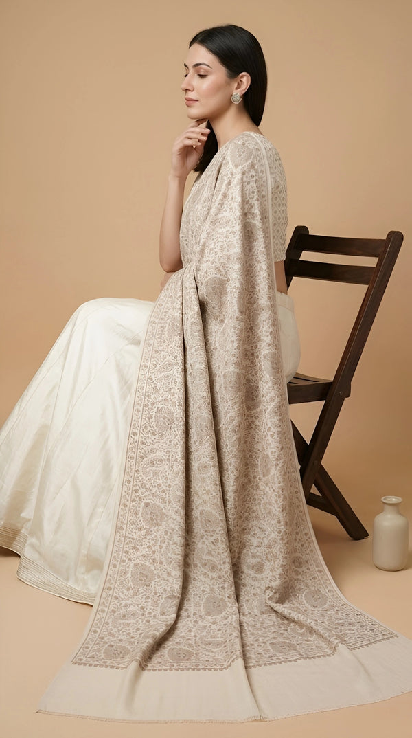 Naqsh-e-Kashmir Sozni Jaal Embroidered Beige Shawl | Traditional Kashmiri Wool Blend