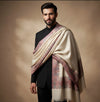 Mir-e-Khas Men's Kashmir-Inspired Kani Paisley & Geometric Border Wool Blend White Shawl