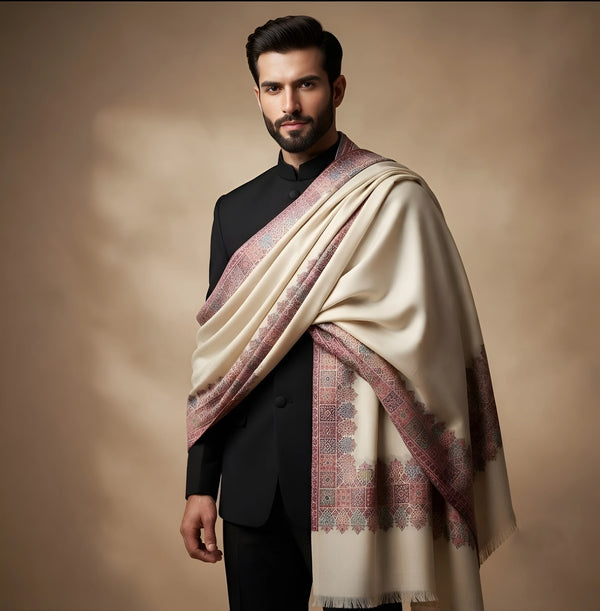 Mir-e-Khas Men's Kashmir-Inspired Kani Paisley & Geometric Border Wool Blend White Shawl