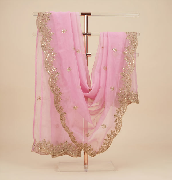 Pink Organza Mens Dupatta – Scalloped Cutwork Border with Buti Work