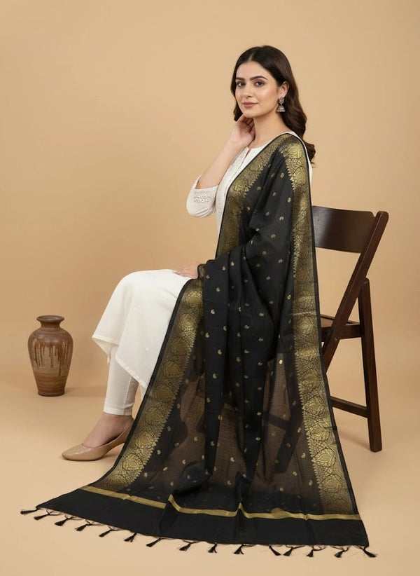 Black Woven Ethnic Motif Dupatta | Elegant Traditional Drape