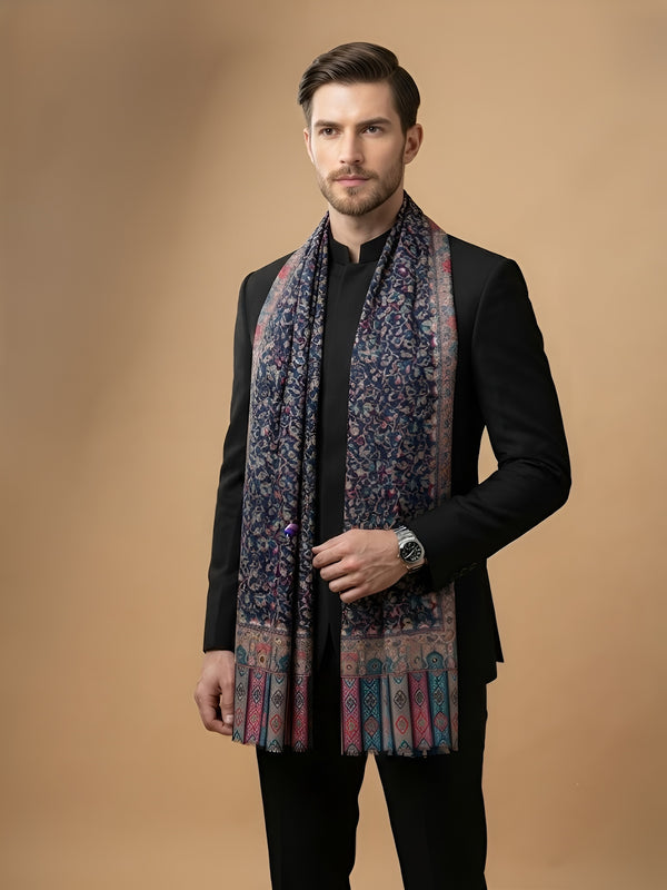 Reserve Mens Bamboo Silk Floral Kalamkari Printed Blue Stole