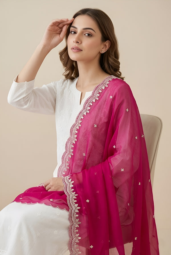 Luxe Fendi Women Pink Dupatta with 2 Side Scalloped Border, Mirror Detailing & Buti Embellishment
