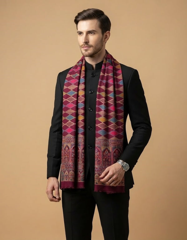 Reserve Mens Wool Blend Multicolor Geometric Diamond Jacquard Wine Stole with Mughal Floral Border