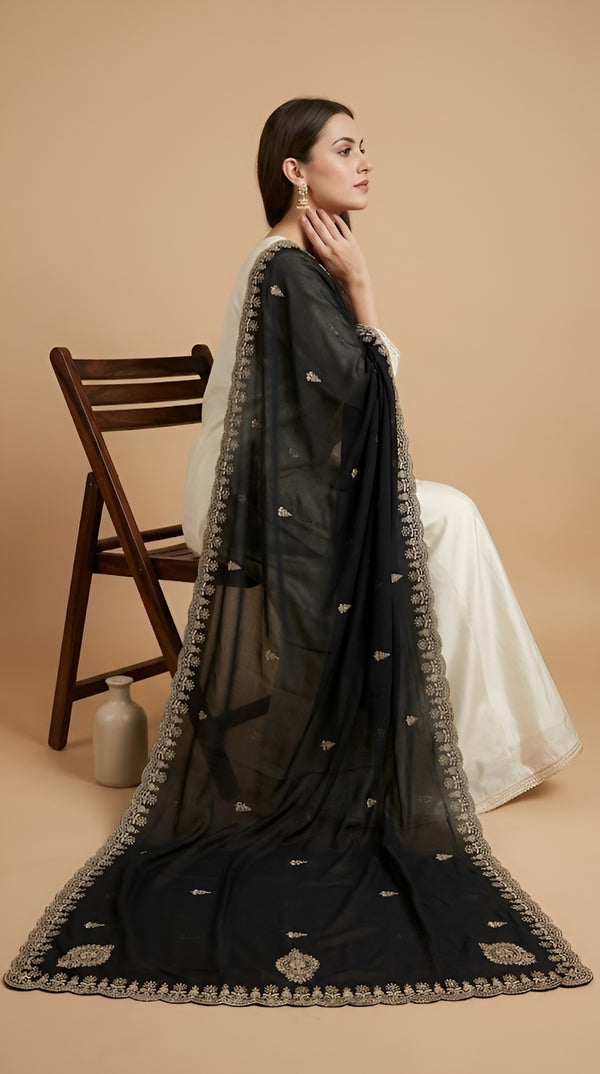 Luxe Vichitra Women Black Dupatta with 4 Side Scalloped Embroidered Border & Buti Embellishment