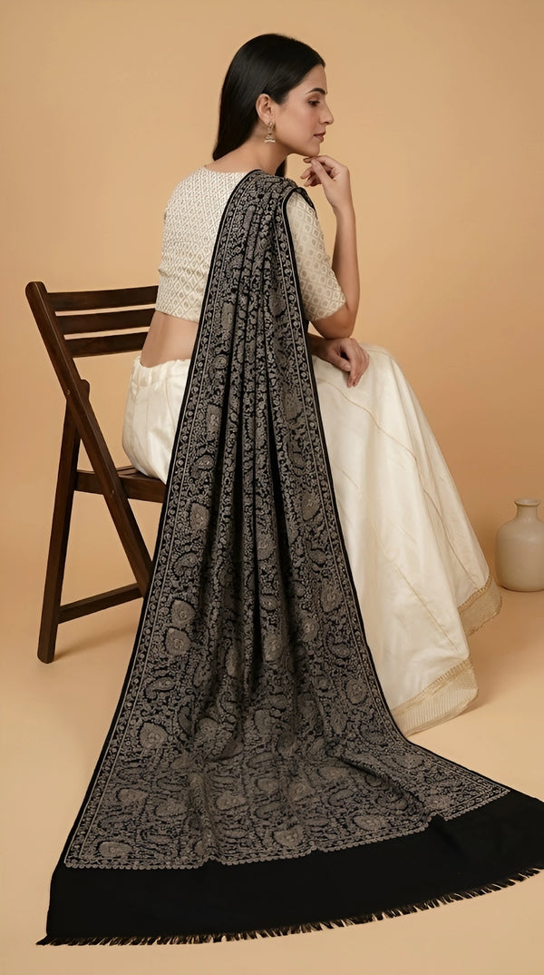Naqsh-e-Kashmir Sozni Jaal Embroidered Black Shawl | Traditional Kashmiri Wool Blend
