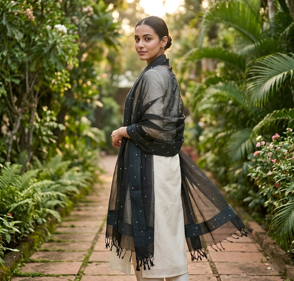 Black Organza Dupatta with Golden Beads Work & Tassel Border