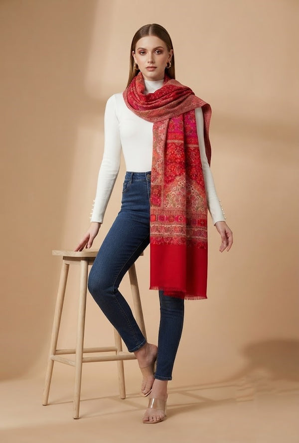Regal Multicolor Patchwork Kani Jacquard Woven Wool Blend Red Stole