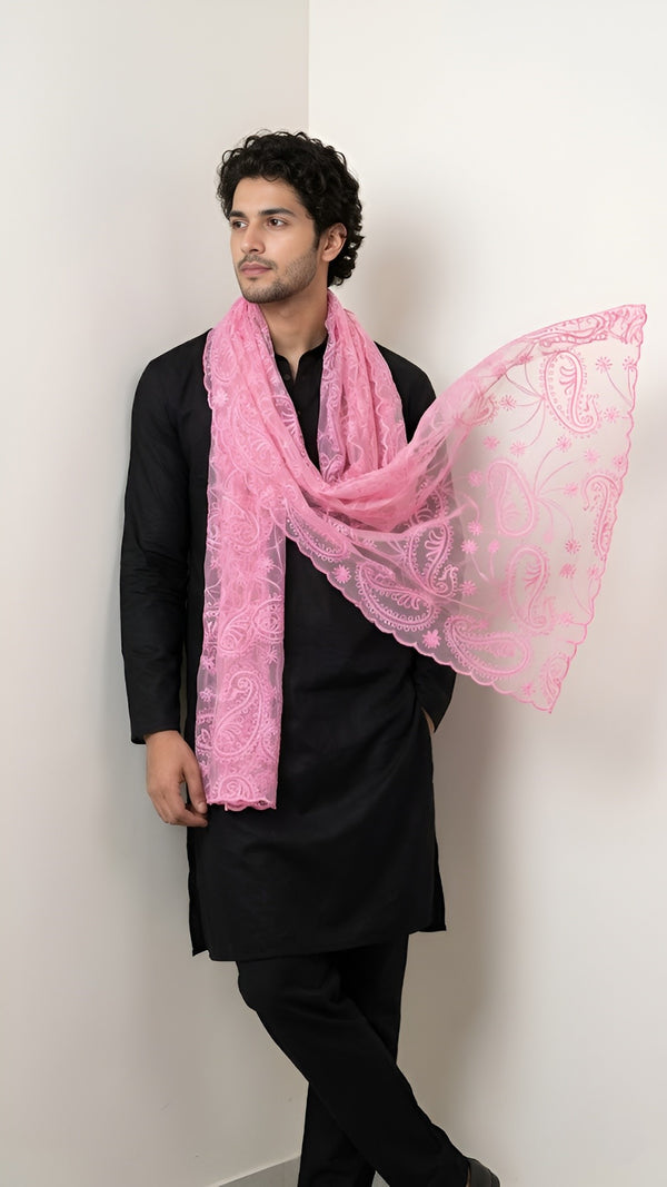 Organza Mens Dupatta – Pink with Paisley Embroidery & Floral Design