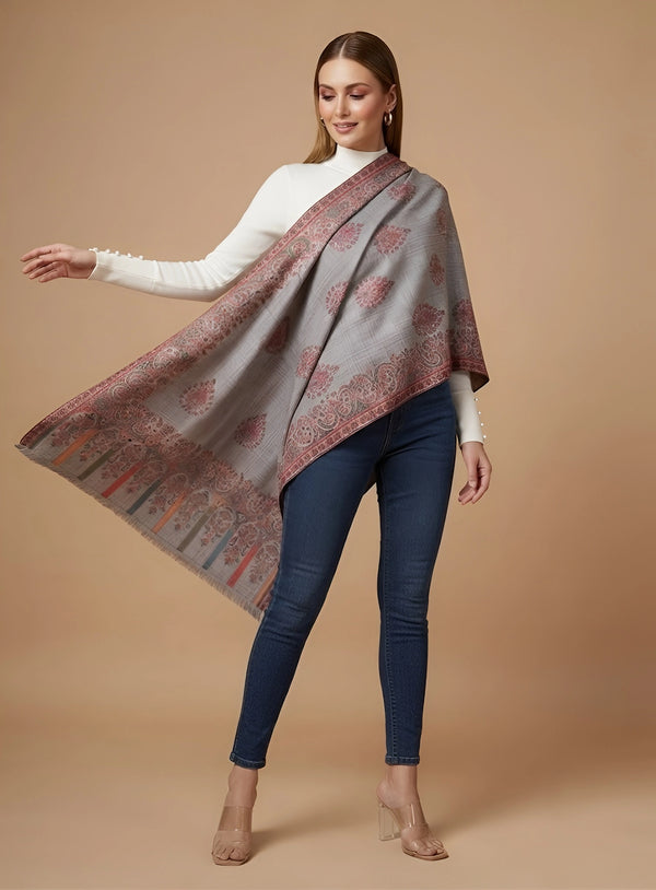 Regal Kani Woven Paisley Border Wool Blend Grey Stole | Kashmiri Inspired