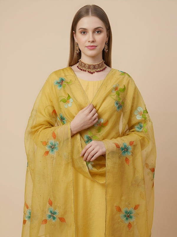 Luxe Organza Women Yellow Dupatta with Handbrush Floral Art & Beads