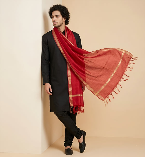 Cotton Mens Dupatta – Maroon with Golden Border & Tassel Finish