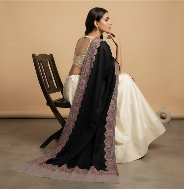 Naqsh-e-Kashmir Woven Kani Jacquard Black Shawl with Solid Panel & Traditional Border