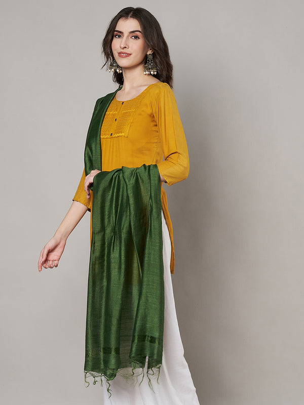Bottle Green Solid Cotton Dupatta with Subtle Texture & Tassel Ends (Size: 2.5x1 m Approx)