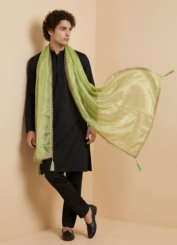 Fendi Mens Dupatta – Green Tone with Lace Border & Latkan Finish