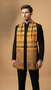 Reserve Mens Wool Blend Multicolor Geometric Diamond Jacquard Mustard Stole with Mughal Floral Border