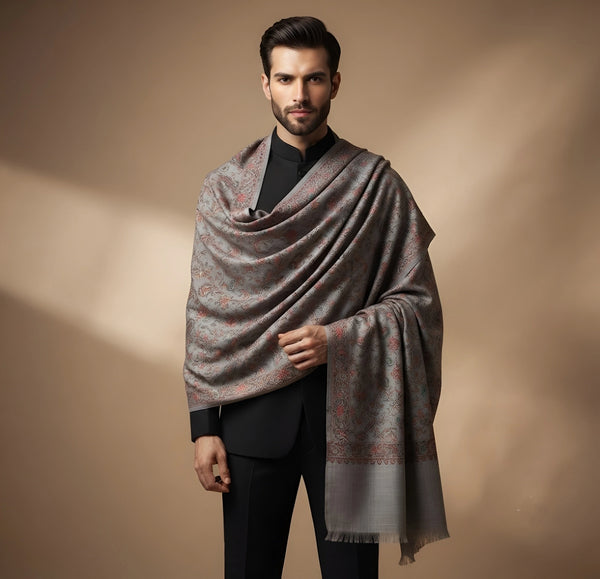 Mir-e-Khas Men's Kashmir-Inspired Jamawar Floral Paisley Vine Grey Shawl