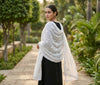 White Mul Cotton Embroidered Dupatta with Intricate Floral Hand Work & Lace Border