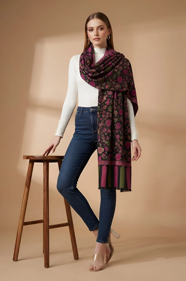 Regal Kani Weave Floral Wool Blend Black Stole | Kashmiri Inspired