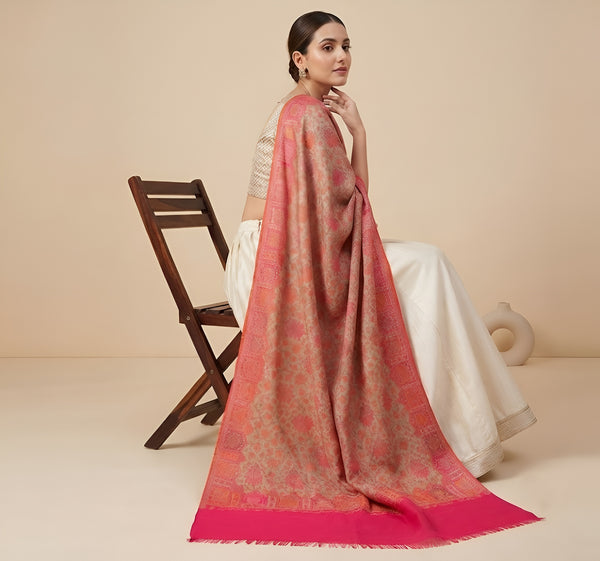 Naqsh-e-Kashmir Woven Kani Jacquard Floral Shawl with Traditional Pink Border & Panel