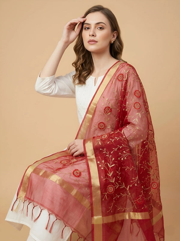 Red Organza Meena Jaal Dupatta | Elegant Sheer Festive Drape