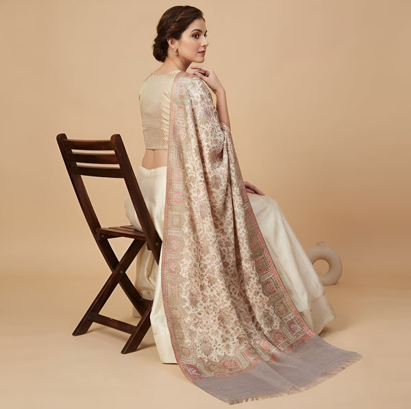 Naqsh-e-Kashmir Woven Kani Jacquard Floral Shawl with Traditional White Border & Panel