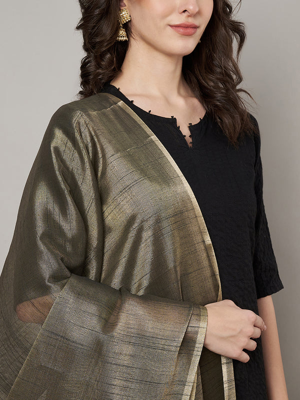 Elegant Black Tissue Silk Dupatta with Subtle Texture & Tassels (Size: 2.5x1 m Approx)
