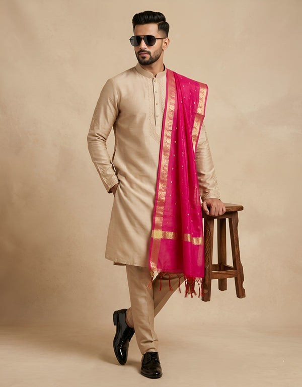 Cotton Silk Mens Dupatta – Rani with Zari Buta & Border Work