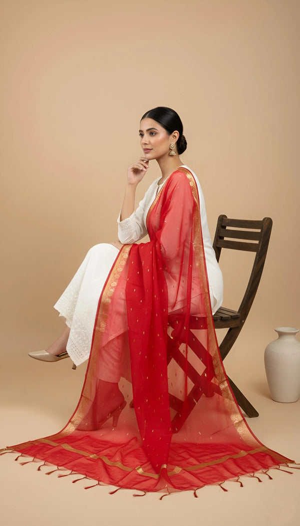 Red Lightweight Cotton Silk Dotted Dupatta | Elegant Everyday Ethnic Drape