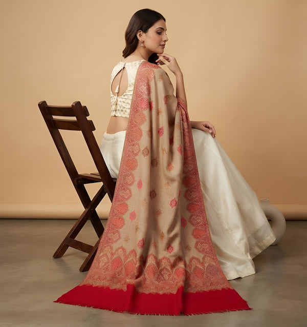 Naqsh-e-Kashmir Woven Kani Jacquard Red Shawl with All-Over Buttis & Solid Panel
