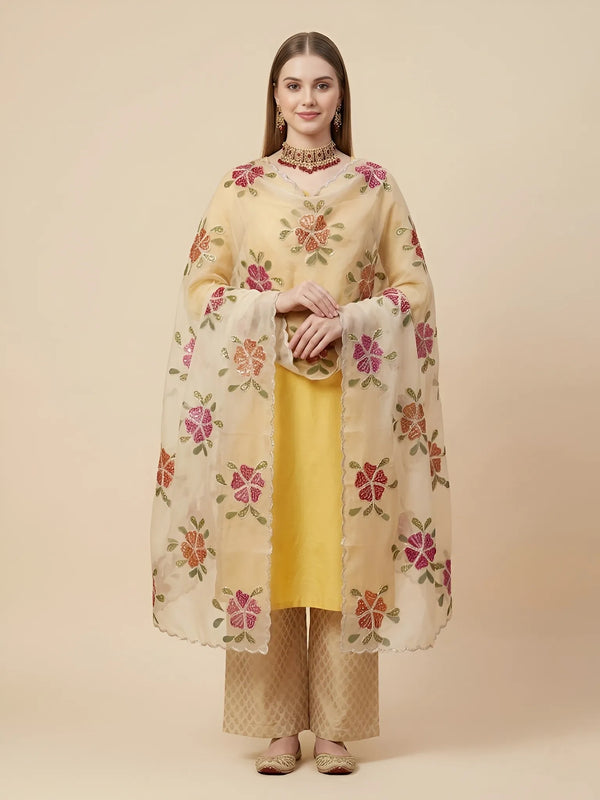 Luxe Organza Womens Beige Dupatta with Floral Brush Print Embellishment