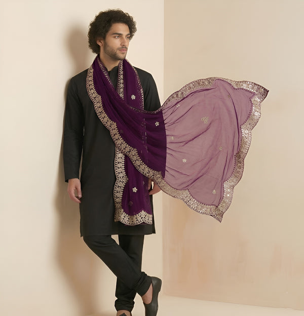 Wine Twill Net Mens Dupatta – Scalloped Cutwork Border with Buti Work