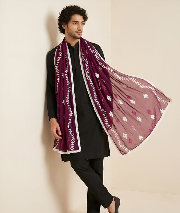 Wine Nazneen Chiffon Mens Dupatta with Floral Embroidery & Border