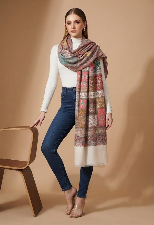 Regal Multicolor Patchwork Kani Jacquard Woven Wool Blend White Stole
